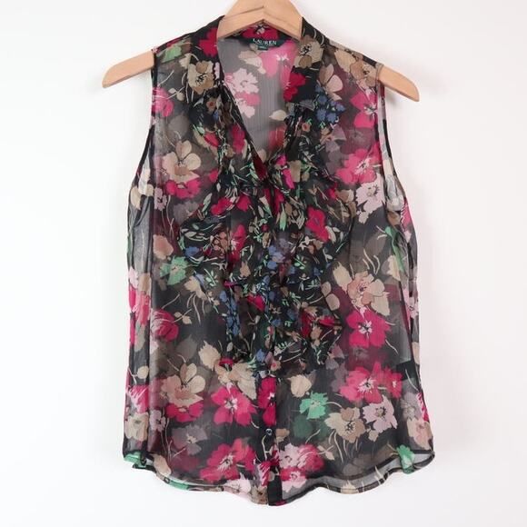 Ralph Lauren Size 10 Ruffled Sleeveless Blouse Sheer Floral Black Pink - Picture 1 of 10